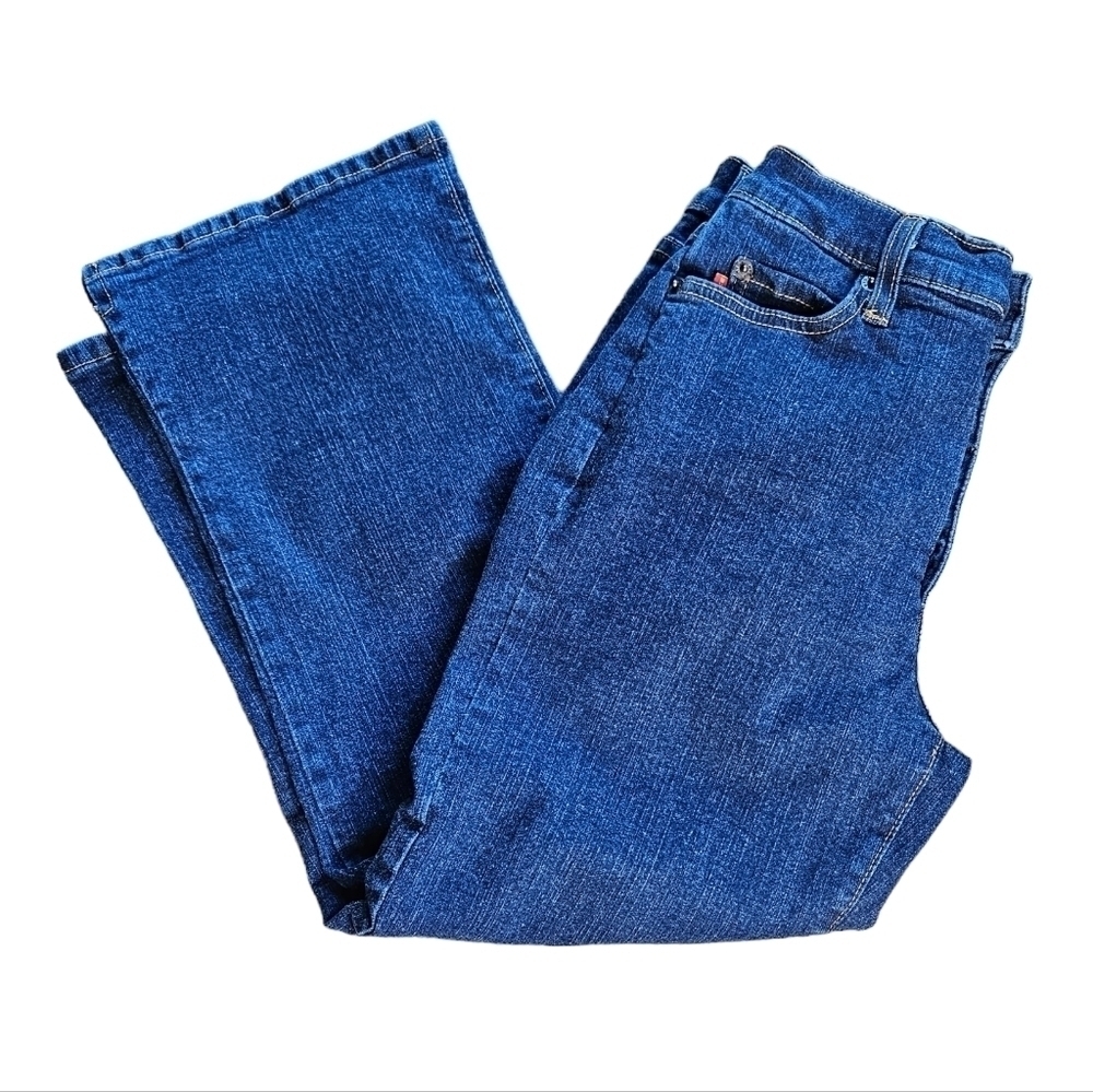 NYDJ tummy control mid rise dark wash crop jeans with side slit